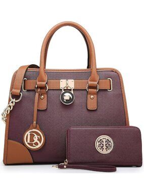 Burgundy/Gold Handbag Top Handle Satchel Purse Shoulder Bag Work Bag versatile